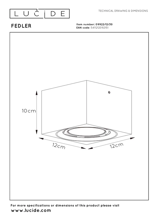 Lucide FEDLER - Spot plafond - LED Dim to warm - GU10 (ES111) - 1x12W 2200K/3000K - Noir - technique